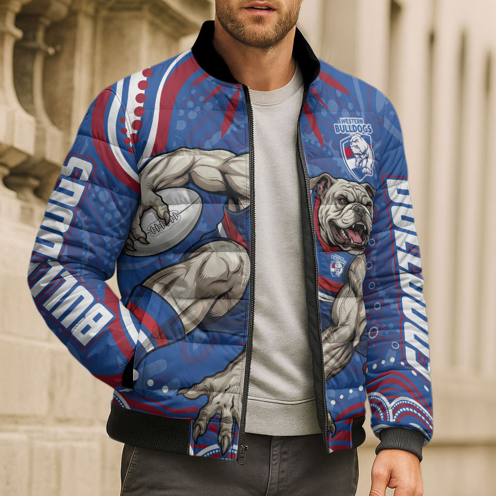 Personalized Western Bulldogs Football Mascot Bomber Puffer Jacket Aboriginal Dot Art - Dreamtime Football Mascot