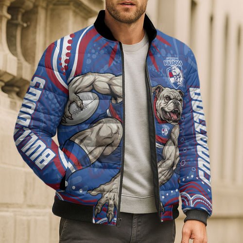 Personalized Western Bulldogs Football Mascot Bomber Puffer Jacket Aboriginal Dot Art - Dreamtime Football Mascot