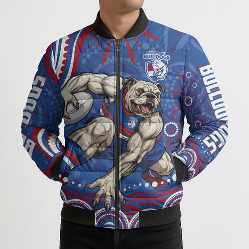 Personalized Western Bulldogs Football Mascot Bomber Puffer Jacket Aboriginal Dot Art - Dreamtime Football Mascot