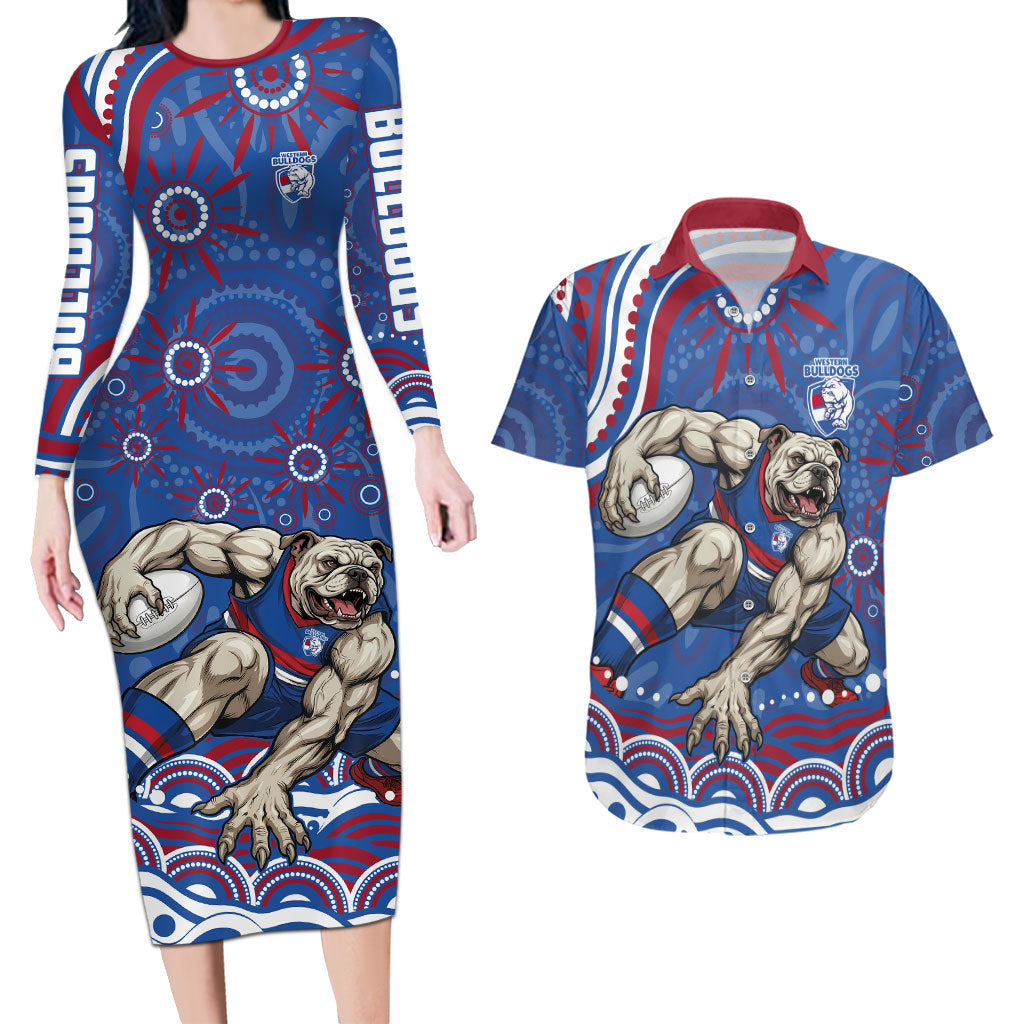 Personalized Western Bulldogs Football Mascot Couples Matching Long Sleeve Bodycon Dress and Hawaiian Shirt Aboriginal Dot Art - Dreamtime Football Mascot