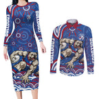 Personalized Western Bulldogs Football Mascot Couples Matching Long Sleeve Bodycon Dress and Long Sleeve Button Shirt Aboriginal Dot Art - Dreamtime Football Mascot