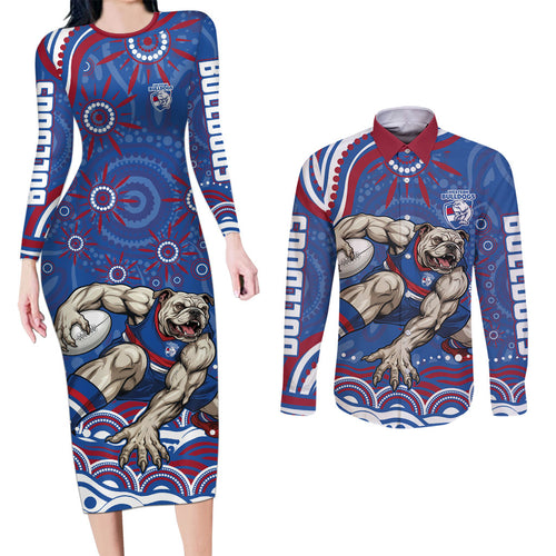Personalized Western Bulldogs Football Mascot Couples Matching Long Sleeve Bodycon Dress and Long Sleeve Button Shirt Aboriginal Dot Art - Dreamtime Football Mascot