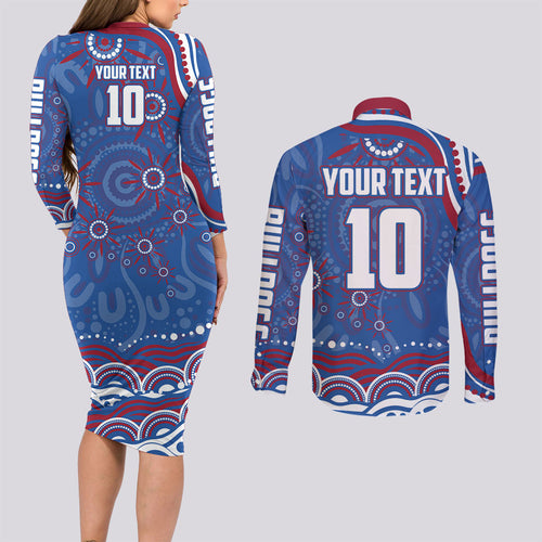 Personalized Western Bulldogs Football Mascot Couples Matching Long Sleeve Bodycon Dress and Long Sleeve Button Shirt Aboriginal Dot Art - Dreamtime Football Mascot