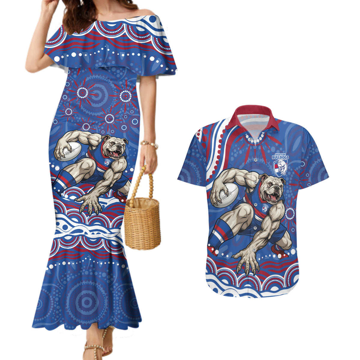 Personalized Western Bulldogs Football Mascot Couples Matching Mermaid Dress and Hawaiian Shirt Aboriginal Dot Art - Dreamtime Football Mascot