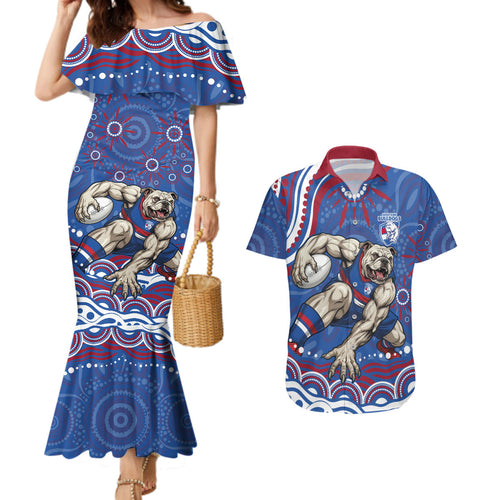 Personalized Western Bulldogs Football Mascot Couples Matching Mermaid Dress and Hawaiian Shirt Aboriginal Dot Art - Dreamtime Football Mascot