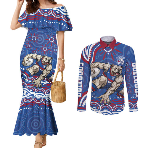 Personalized Western Bulldogs Football Mascot Couples Matching Mermaid Dress and Long Sleeve Button Shirt Aboriginal Dot Art - Dreamtime Football Mascot