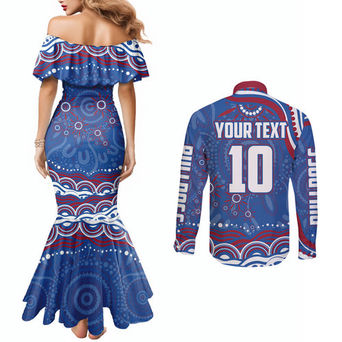 Personalized Western Bulldogs Football Mascot Couples Matching Mermaid Dress and Long Sleeve Button Shirt Aboriginal Dot Art - Dreamtime Football Mascot