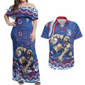 Personalized Western Bulldogs Football Mascot Couples Matching Off Shoulder Maxi Dress and Hawaiian Shirt Aboriginal Dot Art - Dreamtime Football Mascot