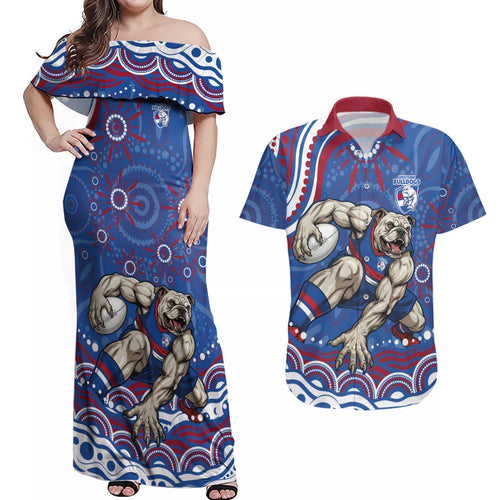 Personalized Western Bulldogs Football Mascot Couples Matching Off Shoulder Maxi Dress and Hawaiian Shirt Aboriginal Dot Art - Dreamtime Football Mascot