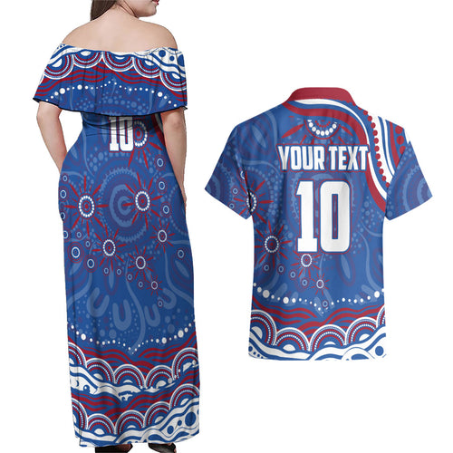 Personalized Western Bulldogs Football Mascot Couples Matching Off Shoulder Maxi Dress and Hawaiian Shirt Aboriginal Dot Art - Dreamtime Football Mascot