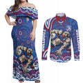 Personalized Western Bulldogs Football Mascot Couples Matching Off Shoulder Maxi Dress and Long Sleeve Button Shirt Aboriginal Dot Art - Dreamtime Football Mascot