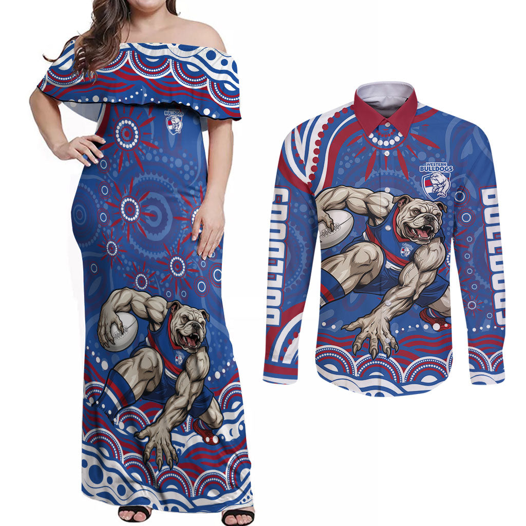 Personalized Western Bulldogs Football Mascot Couples Matching Off Shoulder Maxi Dress and Long Sleeve Button Shirt Aboriginal Dot Art - Dreamtime Football Mascot