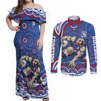 Personalized Western Bulldogs Football Mascot Couples Matching Off Shoulder Maxi Dress and Long Sleeve Button Shirt Aboriginal Dot Art - Dreamtime Football Mascot
