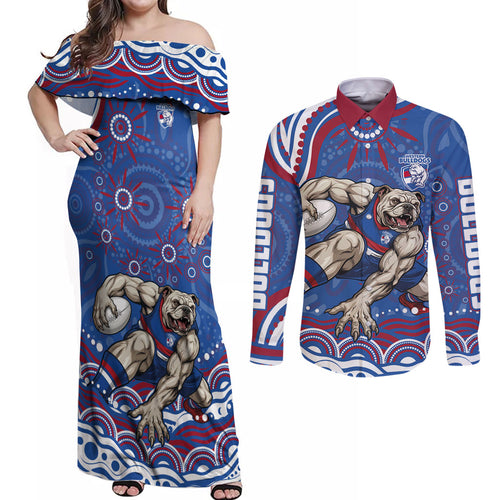 Personalized Western Bulldogs Football Mascot Couples Matching Off Shoulder Maxi Dress and Long Sleeve Button Shirt Aboriginal Dot Art - Dreamtime Football Mascot