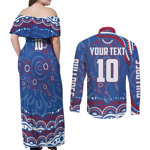 Personalized Western Bulldogs Football Mascot Couples Matching Off Shoulder Maxi Dress and Long Sleeve Button Shirt Aboriginal Dot Art - Dreamtime Football Mascot