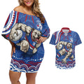 Personalized Western Bulldogs Football Mascot Couples Matching Off Shoulder Short Dress and Hawaiian Shirt Aboriginal Dot Art - Dreamtime Football Mascot