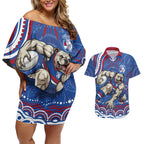 Personalized Western Bulldogs Football Mascot Couples Matching Off Shoulder Short Dress and Hawaiian Shirt Aboriginal Dot Art - Dreamtime Football Mascot