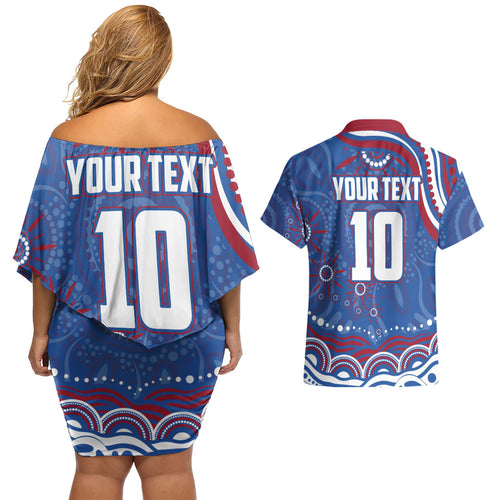 Personalized Western Bulldogs Football Mascot Couples Matching Off Shoulder Short Dress and Hawaiian Shirt Aboriginal Dot Art - Dreamtime Football Mascot