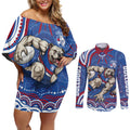 Personalized Western Bulldogs Football Mascot Couples Matching Off Shoulder Short Dress and Long Sleeve Button Shirt Aboriginal Dot Art - Dreamtime Football Mascot
