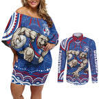 Personalized Western Bulldogs Football Mascot Couples Matching Off Shoulder Short Dress and Long Sleeve Button Shirt Aboriginal Dot Art - Dreamtime Football Mascot