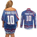 Personalized Western Bulldogs Football Mascot Couples Matching Off Shoulder Short Dress and Long Sleeve Button Shirt Aboriginal Dot Art - Dreamtime Football Mascot