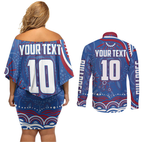 Personalized Western Bulldogs Football Mascot Couples Matching Off Shoulder Short Dress and Long Sleeve Button Shirt Aboriginal Dot Art - Dreamtime Football Mascot