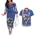 Personalized Western Bulldogs Football Mascot Couples Matching Off The Shoulder Long Sleeve Dress and Hawaiian Shirt Aboriginal Dot Art - Dreamtime Football Mascot