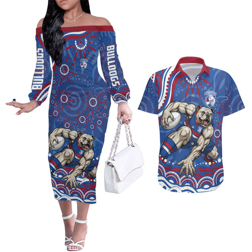 Personalized Western Bulldogs Football Mascot Couples Matching Off The Shoulder Long Sleeve Dress and Hawaiian Shirt Aboriginal Dot Art - Dreamtime Football Mascot