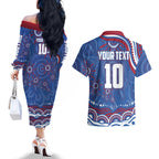 Personalized Western Bulldogs Football Mascot Couples Matching Off The Shoulder Long Sleeve Dress and Hawaiian Shirt Aboriginal Dot Art - Dreamtime Football Mascot