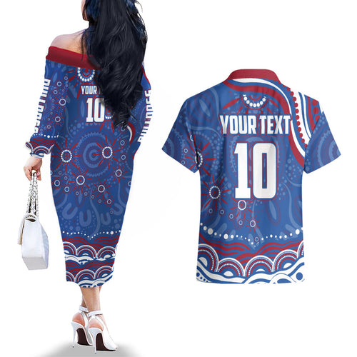 Personalized Western Bulldogs Football Mascot Couples Matching Off The Shoulder Long Sleeve Dress and Hawaiian Shirt Aboriginal Dot Art - Dreamtime Football Mascot
