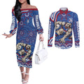 Personalized Western Bulldogs Football Mascot Couples Matching Off The Shoulder Long Sleeve Dress and Long Sleeve Button Shirt Aboriginal Dot Art - Dreamtime Football Mascot