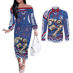 Personalized Western Bulldogs Football Mascot Couples Matching Off The Shoulder Long Sleeve Dress and Long Sleeve Button Shirt Aboriginal Dot Art - Dreamtime Football Mascot