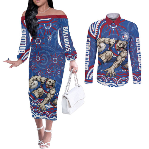 Personalized Western Bulldogs Football Mascot Couples Matching Off The Shoulder Long Sleeve Dress and Long Sleeve Button Shirt Aboriginal Dot Art - Dreamtime Football Mascot