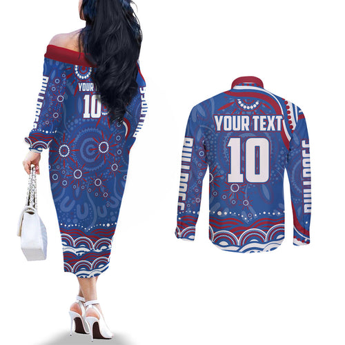 Personalized Western Bulldogs Football Mascot Couples Matching Off The Shoulder Long Sleeve Dress and Long Sleeve Button Shirt Aboriginal Dot Art - Dreamtime Football Mascot