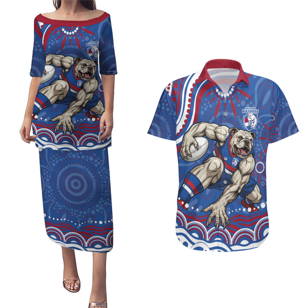 Personalized Western Bulldogs Football Mascot Couples Matching Puletasi and Hawaiian Shirt Aboriginal Dot Art - Dreamtime Football Mascot