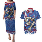 Personalized Western Bulldogs Football Mascot Couples Matching Puletasi and Hawaiian Shirt Aboriginal Dot Art - Dreamtime Football Mascot