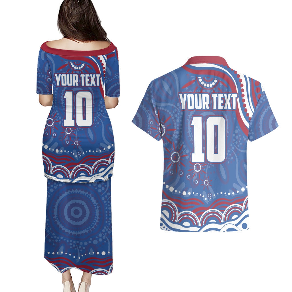 Personalized Western Bulldogs Football Mascot Couples Matching Puletasi and Hawaiian Shirt Aboriginal Dot Art - Dreamtime Football Mascot