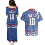 Personalized Western Bulldogs Football Mascot Couples Matching Puletasi and Hawaiian Shirt Aboriginal Dot Art - Dreamtime Football Mascot