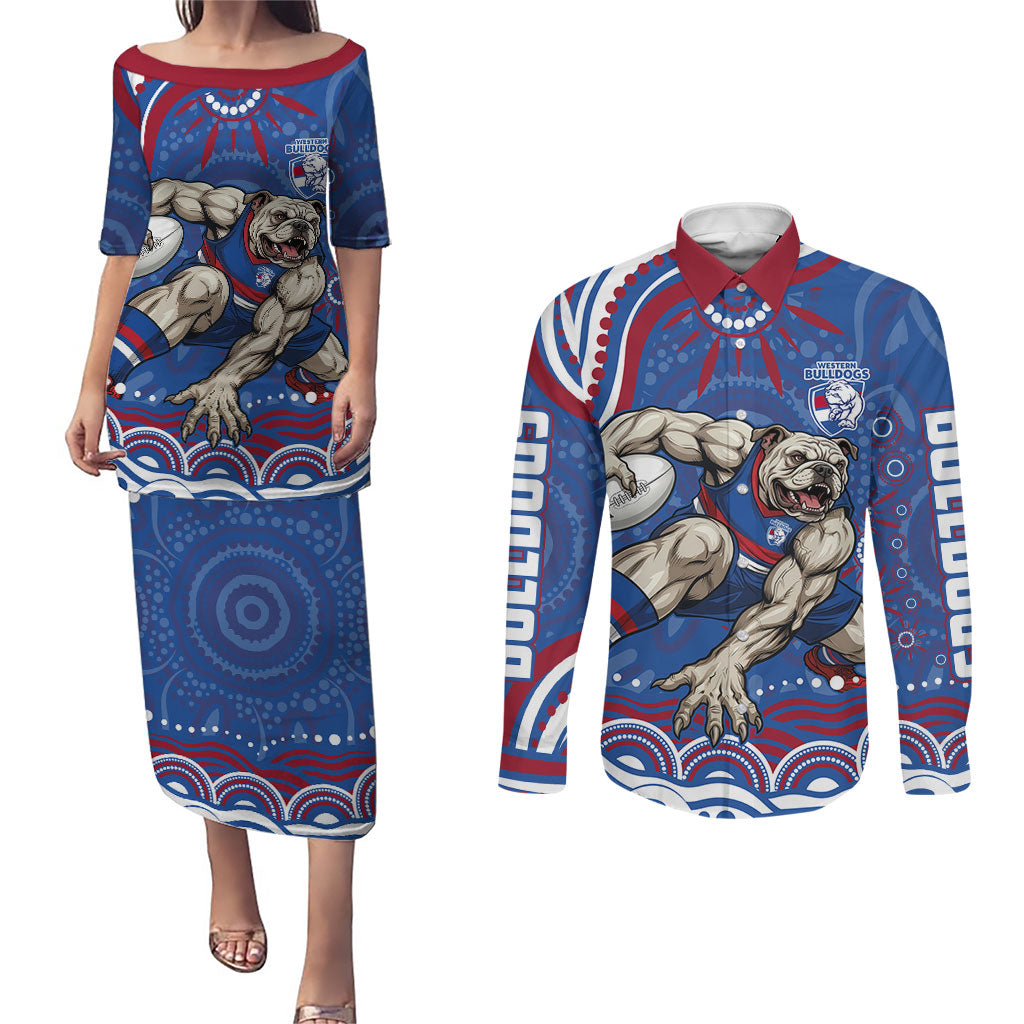 Personalized Western Bulldogs Football Mascot Couples Matching Puletasi and Long Sleeve Button Shirt Aboriginal Dot Art - Dreamtime Football Mascot