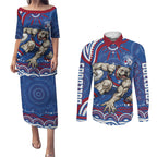 Personalized Western Bulldogs Football Mascot Couples Matching Puletasi and Long Sleeve Button Shirt Aboriginal Dot Art - Dreamtime Football Mascot
