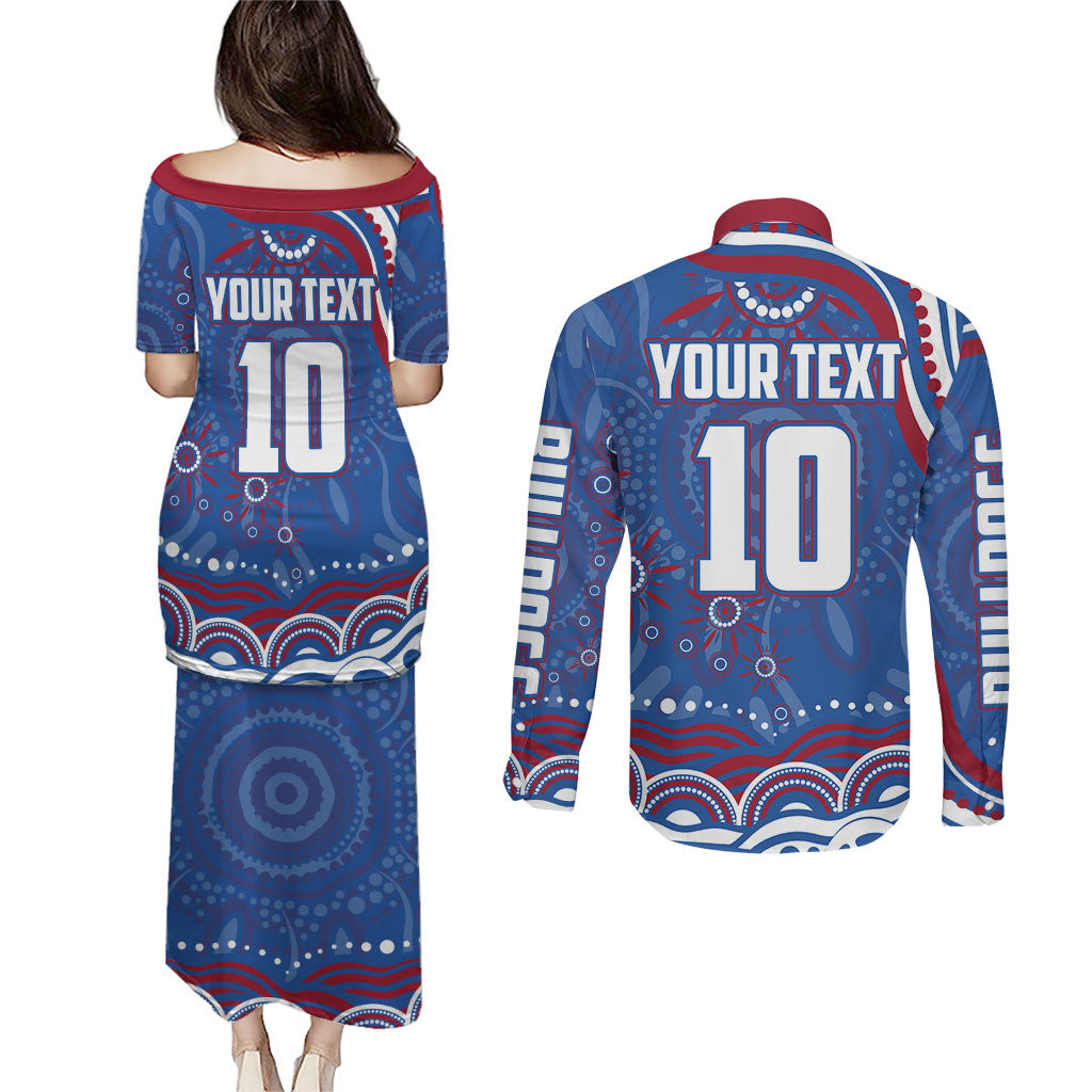 Personalized Western Bulldogs Football Mascot Couples Matching Puletasi and Long Sleeve Button Shirt Aboriginal Dot Art - Dreamtime Football Mascot