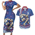 Personalized Western Bulldogs Football Mascot Couples Matching Short Sleeve Bodycon Dress and Hawaiian Shirt Aboriginal Dot Art - Dreamtime Football Mascot