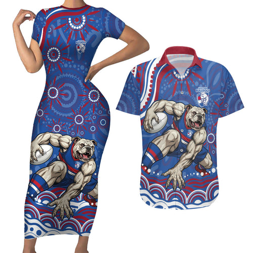 Personalized Western Bulldogs Football Mascot Couples Matching Short Sleeve Bodycon Dress and Hawaiian Shirt Aboriginal Dot Art - Dreamtime Football Mascot