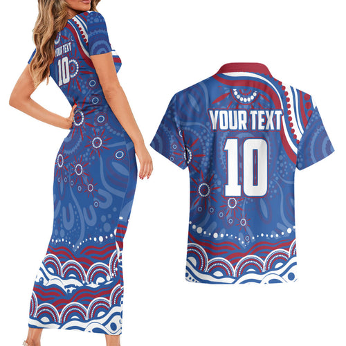 Personalized Western Bulldogs Football Mascot Couples Matching Short Sleeve Bodycon Dress and Hawaiian Shirt Aboriginal Dot Art - Dreamtime Football Mascot
