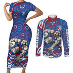 Personalized Western Bulldogs Football Mascot Couples Matching Short Sleeve Bodycon Dress and Long Sleeve Button Shirt Aboriginal Dot Art - Dreamtime Football Mascot