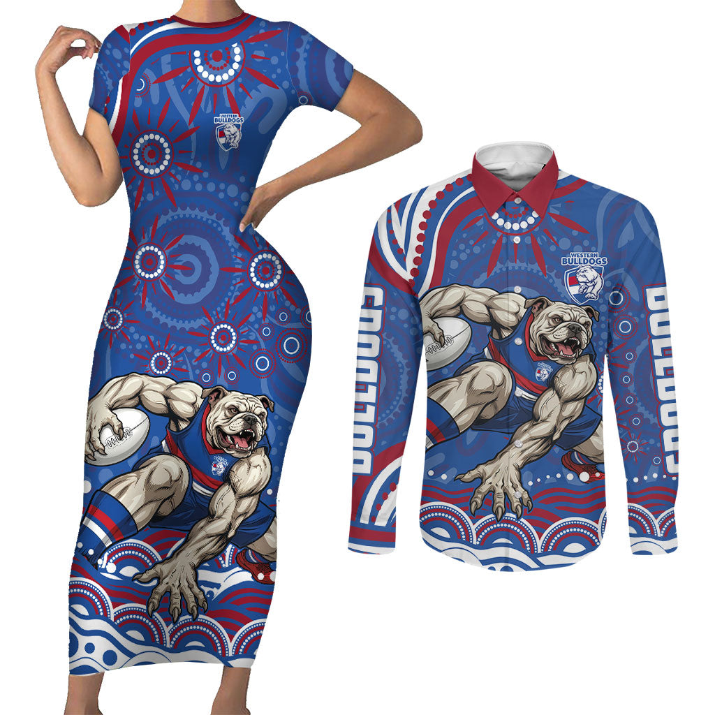 Personalized Western Bulldogs Football Mascot Couples Matching Short Sleeve Bodycon Dress and Long Sleeve Button Shirt Aboriginal Dot Art - Dreamtime Football Mascot