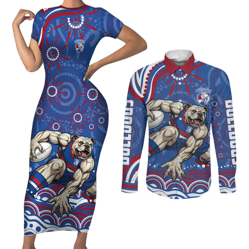 Personalized Western Bulldogs Football Mascot Couples Matching Short Sleeve Bodycon Dress and Long Sleeve Button Shirt Aboriginal Dot Art - Dreamtime Football Mascot