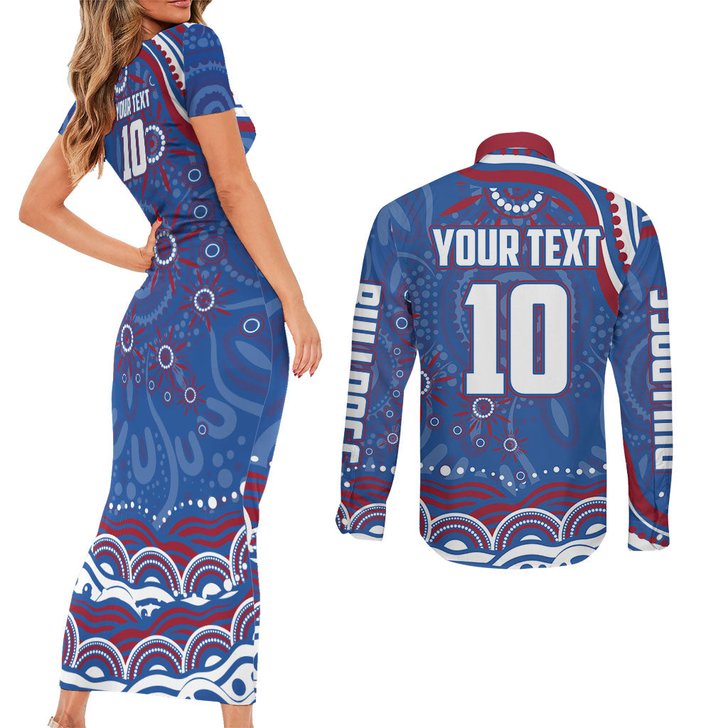 Personalized Western Bulldogs Football Mascot Couples Matching Short Sleeve Bodycon Dress and Long Sleeve Button Shirt Aboriginal Dot Art - Dreamtime Football Mascot