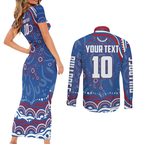 Personalized Western Bulldogs Football Mascot Couples Matching Short Sleeve Bodycon Dress and Long Sleeve Button Shirt Aboriginal Dot Art - Dreamtime Football Mascot