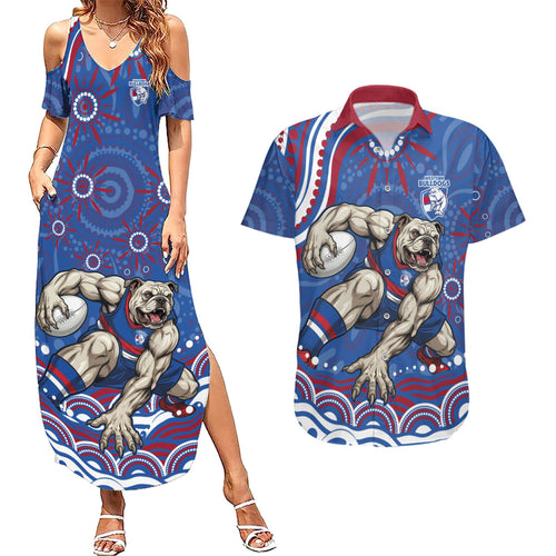 Personalized Western Bulldogs Football Mascot Couples Matching Summer Maxi Dress and Hawaiian Shirt Aboriginal Dot Art - Dreamtime Football Mascot